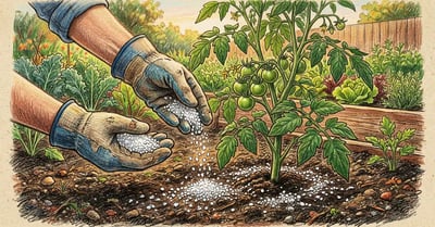 Pencil crayon illustration of a gardener's gloved hand sprinkling epsom salt crystals around the base of a tomato plant in a backyard vegetable garden