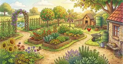 Pencil-crayon illustration of a lush backyard permaculture garden showing the 12 permaculture principles in action with food forest layers, swales, companion planting, and a rain barrel