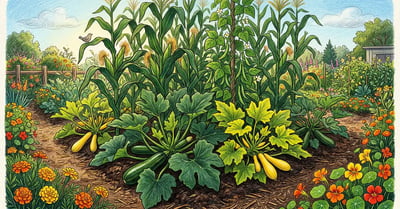 Pencil-crayon illustration of a lush squash and zucchini garden with companion plants including beans, corn, nasturtiums, and marigolds growing together in a permaculture guild