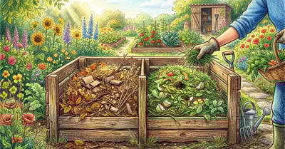 Pencil-crayon illustration of brown and green compost materials arranged side by side showing the contrast between carbon-rich and nitrogen-rich ingredients