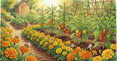 Pencil-crayon illustration of French marigolds interplanted with tomatoes and peppers in a productive companion planting garden
