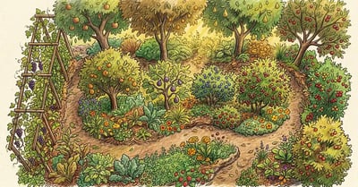 Pencil-crayon illustration of a food forest design overview showing layered canopy trees understory shrubs herbs and ground cover in a permaculture garden