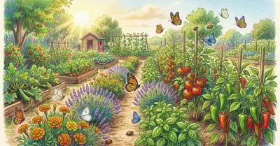 Pencil-crayon illustration of thriving vegetable garden with pest-repelling herb borders featuring basil marigolds and lavender alongside tomatoes and peppers