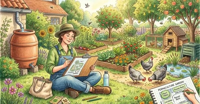 Permaculture design system illustration showing zones, water flow, and observation phase in pencil-crayon style