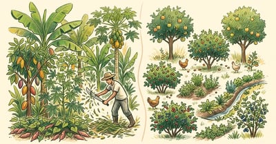 Pencil-crayon illustration comparing a dense syntropic strip beside a zoned permaculture garden with food forest layers