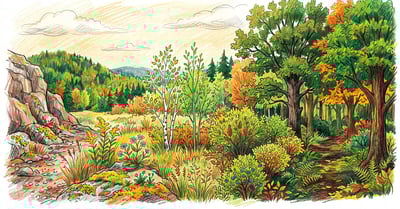 Pencil-crayon illustration of a layered syntropic garden showing pioneer, secondary, transitional, and climax plants growing together