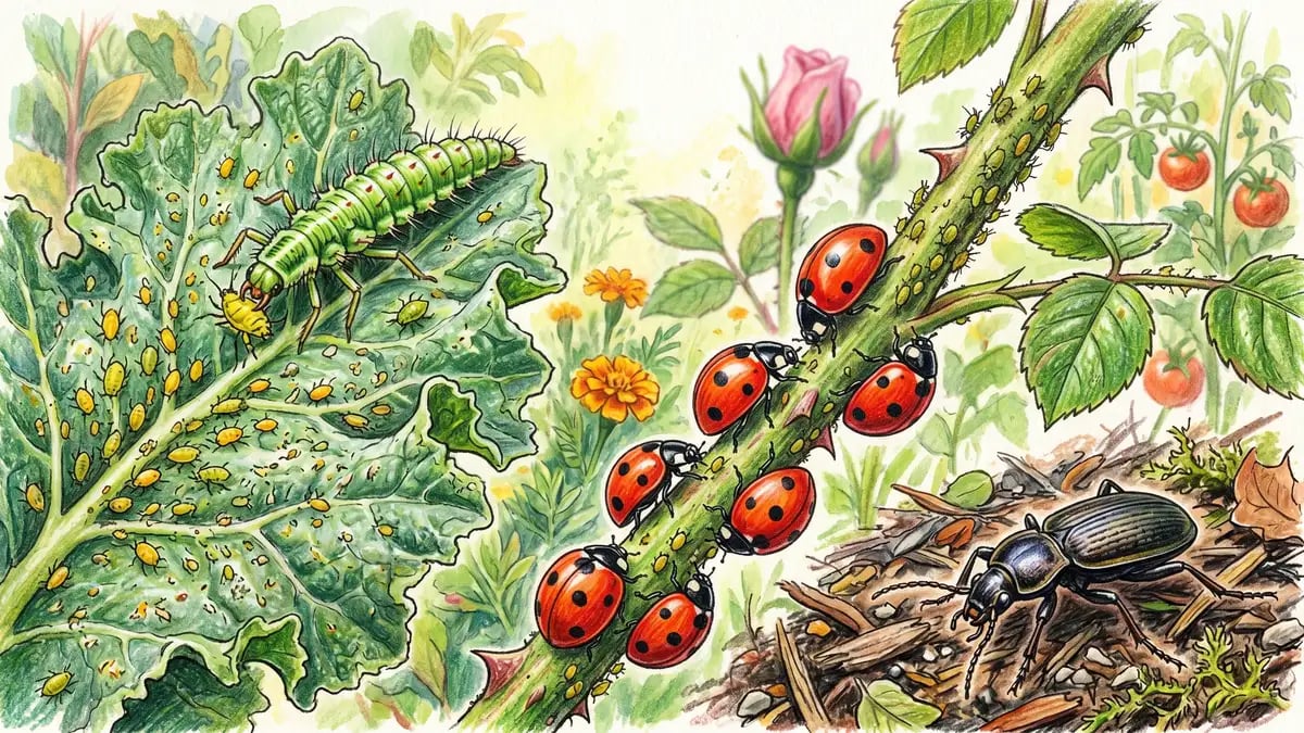 Beneficial insects including ladybugs and lacewing larvae feeding on aphids in an organic vegetable garden
