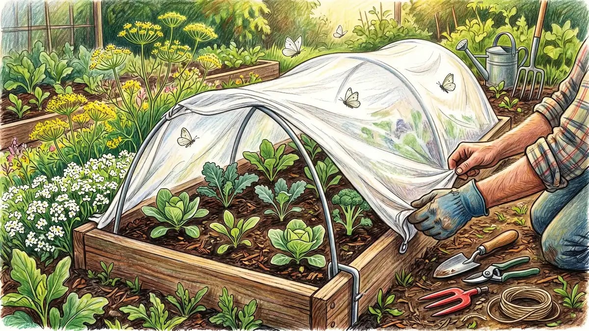 Floating row covers protecting brassica seedlings from cabbage moths with companion flowers growing alongside for natural pest control