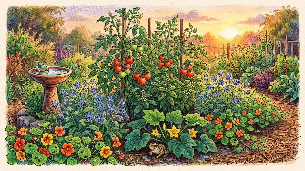 Permaculture guild garden bed with tomatoes basil borage and nasturtiums creating a natural pest management ecosystem