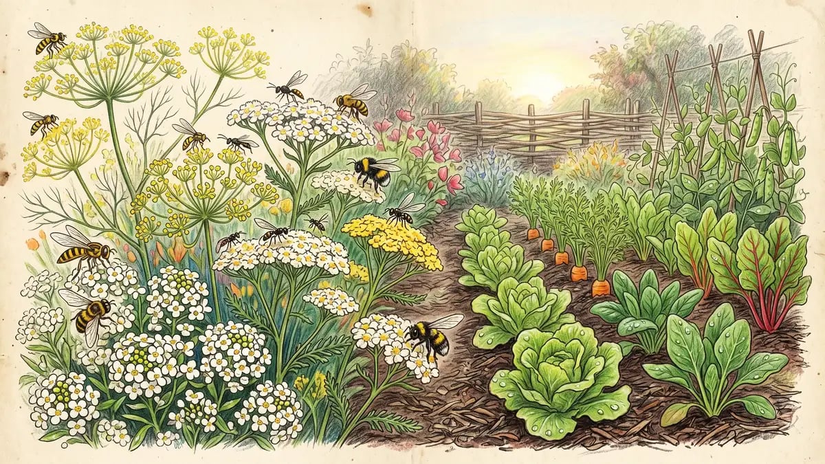 Insectary flower border with sweet alyssum yarrow and dill attracting hoverflies and parasitic wasps for natural pest control