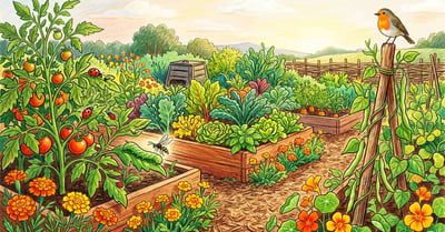 Organic vegetable garden with ladybugs marigolds and diverse polyculture planting for natural pest control