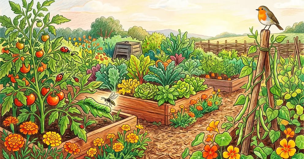 Organic vegetable garden with ladybugs marigolds and diverse polyculture planting for natural pest control