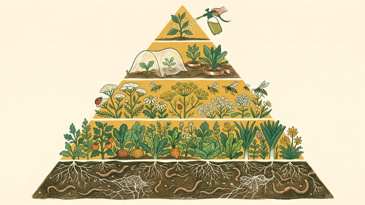 Permaculture pest management pyramid showing layers from healthy soil to beneficial insects to physical barriers to organic sprays as last resort