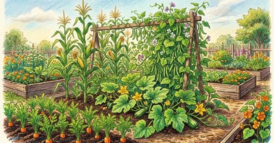 Pencil-crayon illustration of a lush companion planting garden with bean plants growing alongside corn, squash, and nasturtiums