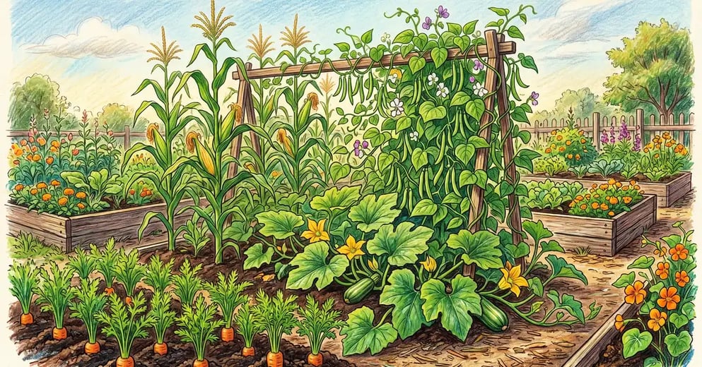 Pencil-crayon illustration of a lush companion planting garden with bean plants growing alongside corn, squash, and nasturtiums