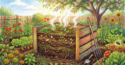 Pencil-crayon illustration of a thriving backyard compost pile showing layered brown and green materials with steam rising from thermophilic activity