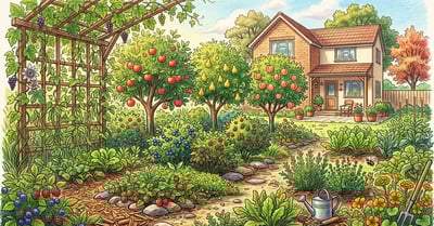 Pencil-crayon illustration of a suburban backyard food forest with dwarf fruit trees, berry bushes, herbs, and ground cover arranged in layered guild circles