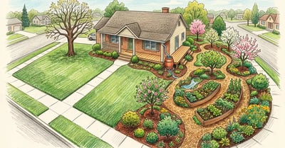 Pencil-crayon illustration of a suburban yard split down the middle: manicured lawn on the left transitioning to a lush food forest with apple trees, berry bushes, clover groundcover, and a hand-built swale on the right