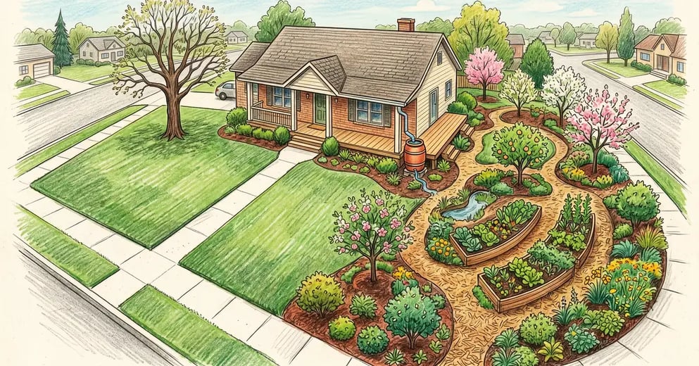 Pencil-crayon illustration of a suburban yard split down the middle: manicured lawn on the left transitioning to a lush food forest with apple trees, berry bushes, clover groundcover, and a hand-built swale on the right