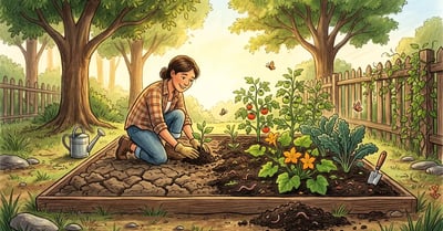 Heavy clay garden soil transforming into rich crumbly earth through sheet mulching and organic matter, pencil-crayon illustration