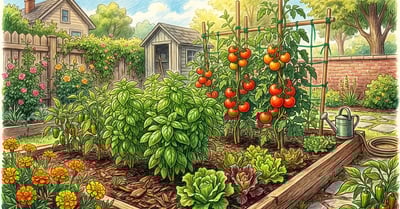 Overhead view of a thriving companion planting garden with basil, tomatoes, peppers, and marigolds growing together in raised beds under full sun