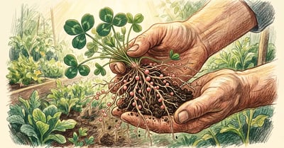 Pencil-crayon illustration of a backyard garden bed with crimson clover, hairy vetch, and winter peas growing alongside vegetables, earth-toned cover crop cross-section