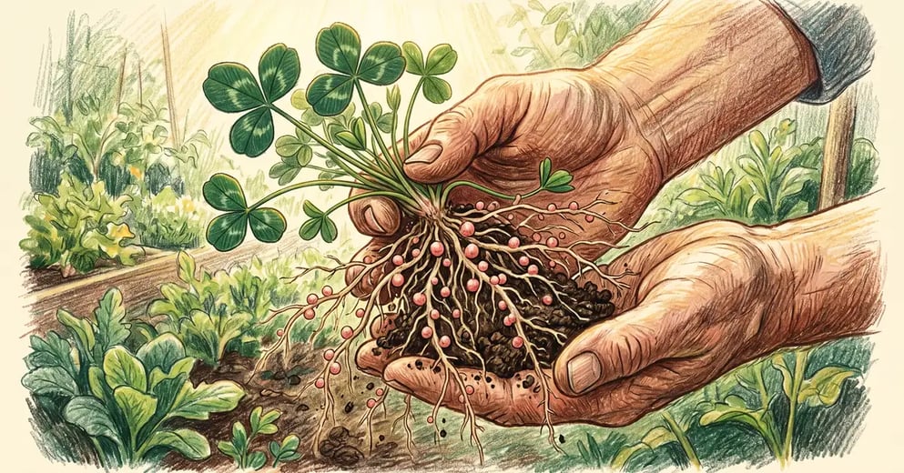 Pencil-crayon illustration of a backyard garden bed with crimson clover, hairy vetch, and winter peas growing alongside vegetables, earth-toned cover crop cross-section