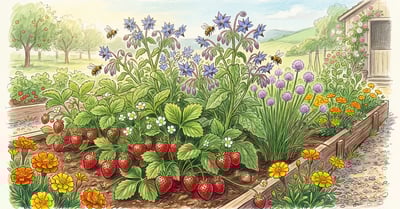 Strawberry plants with ripe red berries interplanted with borage, thyme, and chives in a raised garden bed showing a classic companion planting layout