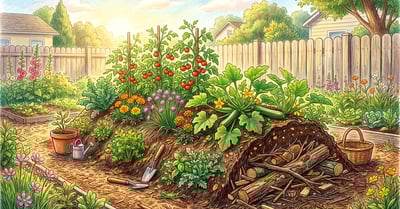Hand-illustrated hugelkultur mound in a home garden showing the layered wood core, soil cap, and first-year vegetable growth