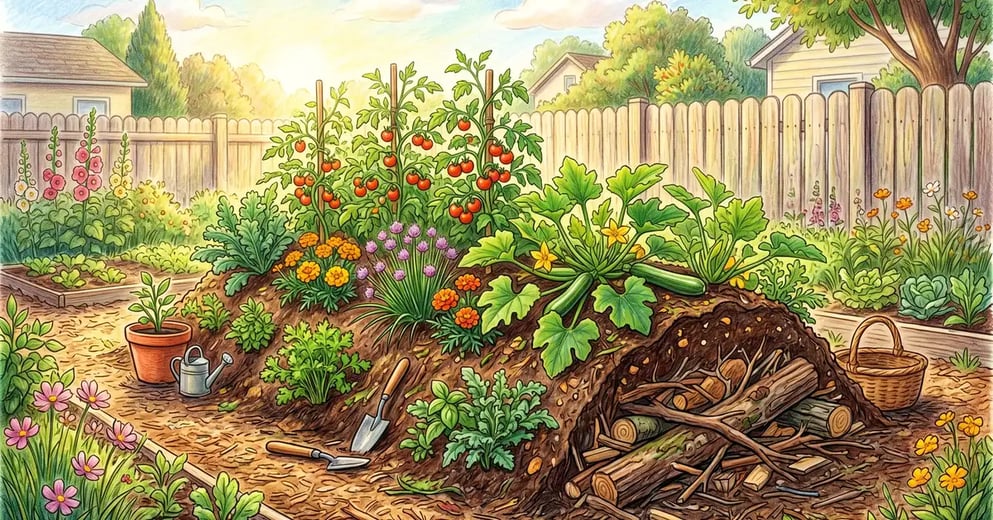 Hand-illustrated hugelkultur mound in a home garden showing the layered wood core, soil cap, and first-year vegetable growth