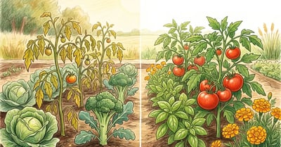 Pencil-crayon illustration of a vegetable garden showing incompatible plant pairings with subtle warning signs indicating companion planting mistakes