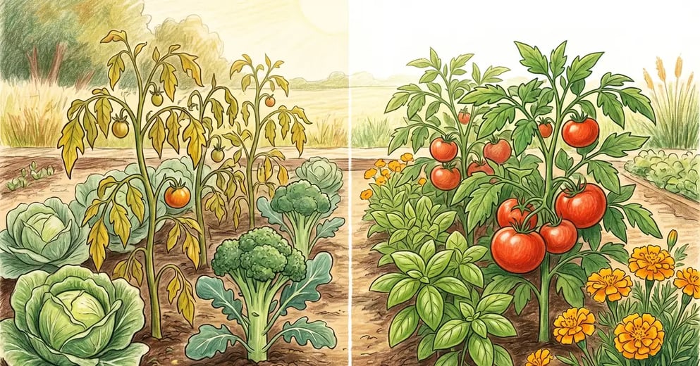 Pencil-crayon illustration of a vegetable garden showing incompatible plant pairings with subtle warning signs indicating companion planting mistakes