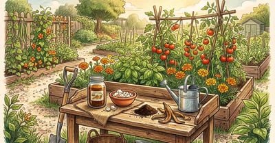 Pencil-crayon illustration of homemade fertilizers — compost, banana peel tea, eggshells, and worm castings on a wooden garden bench beside seedlings