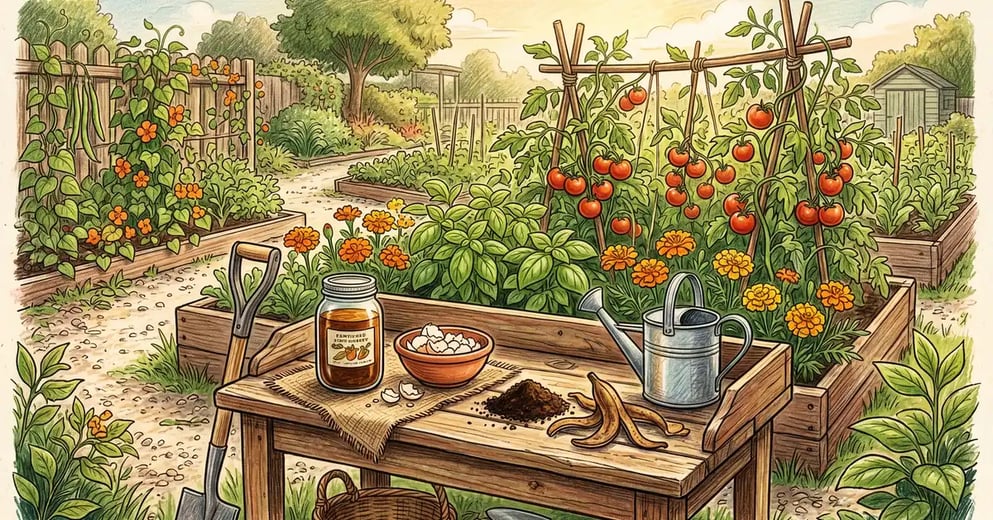 Pencil-crayon illustration of homemade fertilizers — compost, banana peel tea, eggshells, and worm castings on a wooden garden bench beside seedlings