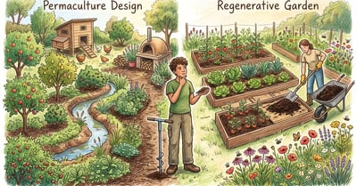 Pencil-crayon split illustration showing a regenerative no-dig vegetable bed on the left and a permaculture food forest layout with zones on the right, joined at the center