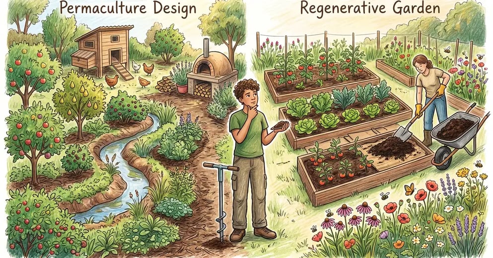 Pencil-crayon split illustration showing a regenerative no-dig vegetable bed on the left and a permaculture food forest layout with zones on the right, joined at the center
