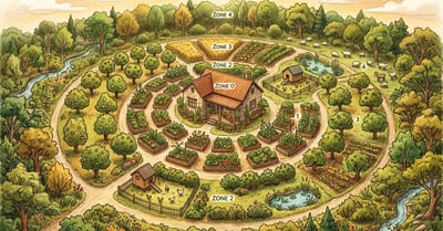 Aerial view of a U.S. small homestead organised by permaculture zones, showing kitchen garden close to house, chickens and food forest mid-distance, pasture beyond