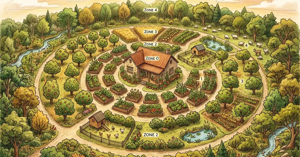 Aerial view of a U.S. small homestead organised by permaculture zones, showing kitchen garden close to house, chickens and food forest mid-distance, pasture beyond