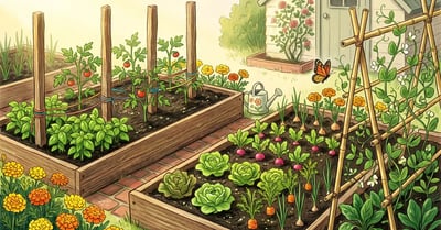 Spring raised garden bed with peas climbing trellises, lettuce and radish rows, and marigolds at the edge in cool early-season soil
