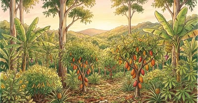 Pencil-crayon illustration of a layered syntropic agroforest in Bahia with banana, cocoa, and timber trees in dappled sunlight