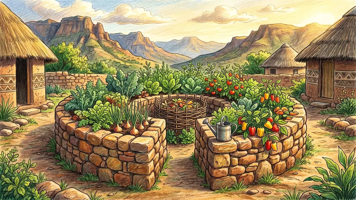 A stone-walled keyhole garden in a highland courtyard in Lesotho, planted with mixed greens, onions and peppers