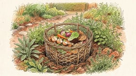 Pencil-illustration close-up of a wire-mesh composting basket sunk into the centre of a keyhole bed, filled with kitchen scraps and surrounded by mulch