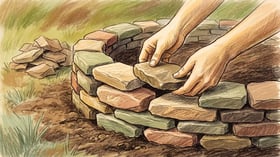 Hands stacking flat fieldstones into the curved outer wall of a keyhole garden under construction