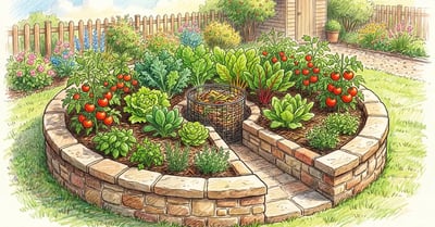 Pencil-illustration of a circular keyhole garden bed planted with leafy greens, herbs and tomatoes around a central composting basket