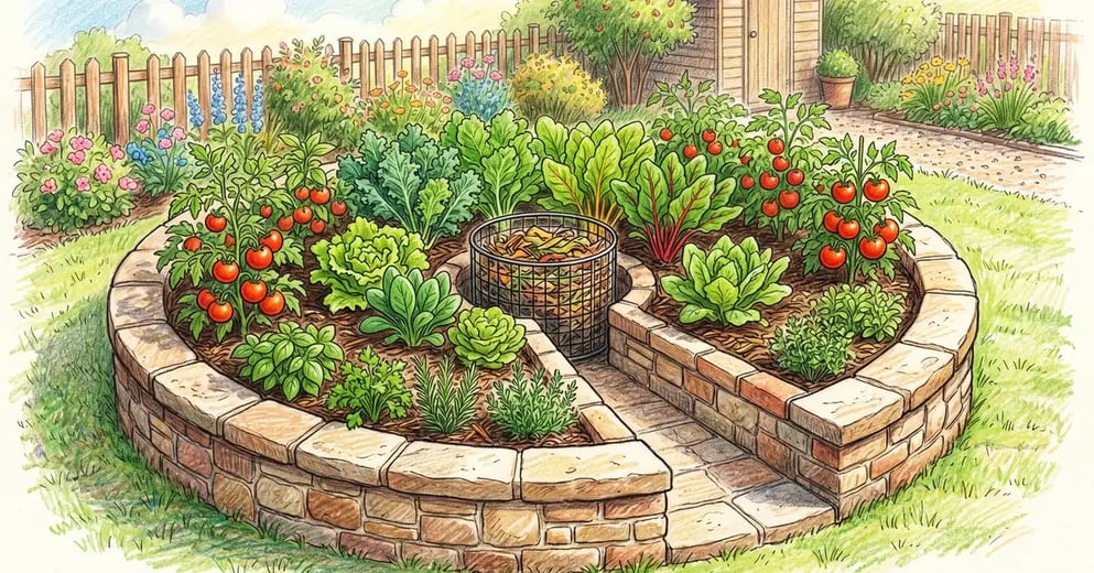 Pencil-illustration of a circular keyhole garden bed planted with leafy greens, herbs and tomatoes around a central composting basket