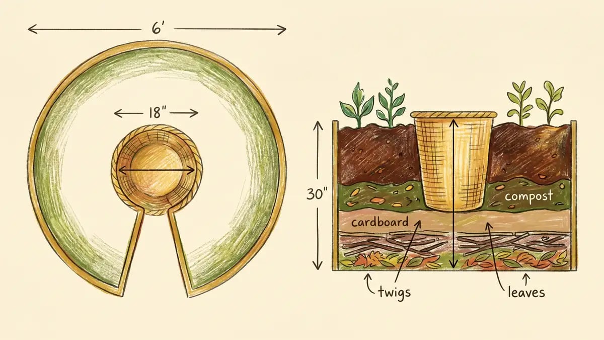 Top-down and side-elevation diagrams of a keyhole garden showing standard dimensions: 6-ft diameter circle, 18-in central composting basket, 30-in height, and layered hugelkultur fill