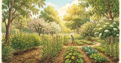 Pencil crayon illustration of a syntropic agroforestry row with corn and squash growing between young fruit trees and nitrogen-fixing pioneer shrubs