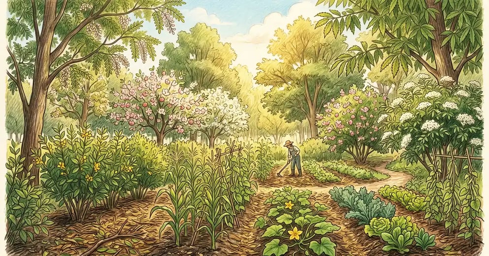 Pencil crayon illustration of a syntropic agroforestry row with corn and squash growing between young fruit trees and nitrogen-fixing pioneer shrubs