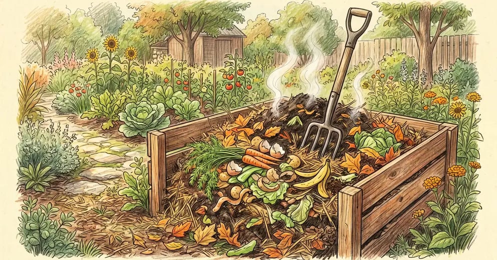 Gardener turning a steaming compost pile with a fork in a backyard garden, pencil-crayon illustration with earthy greens and browns