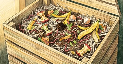 Pencil-crayon illustration of a wooden worm composting bin with red wigglers feeding on banana peels, apple cores, coffee grounds and crushed eggshells in shredded newspaper bedding